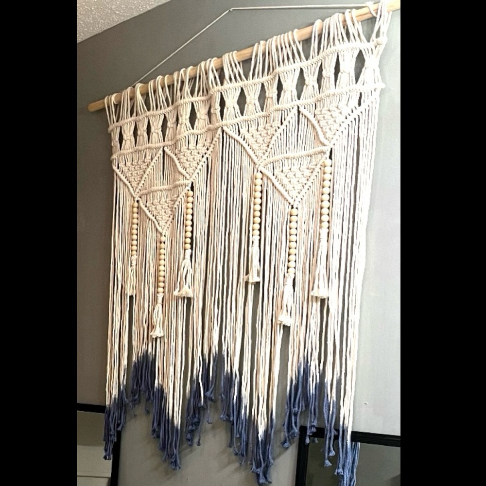 Handcrafted Cream and Blue Macrame Wall Hanging